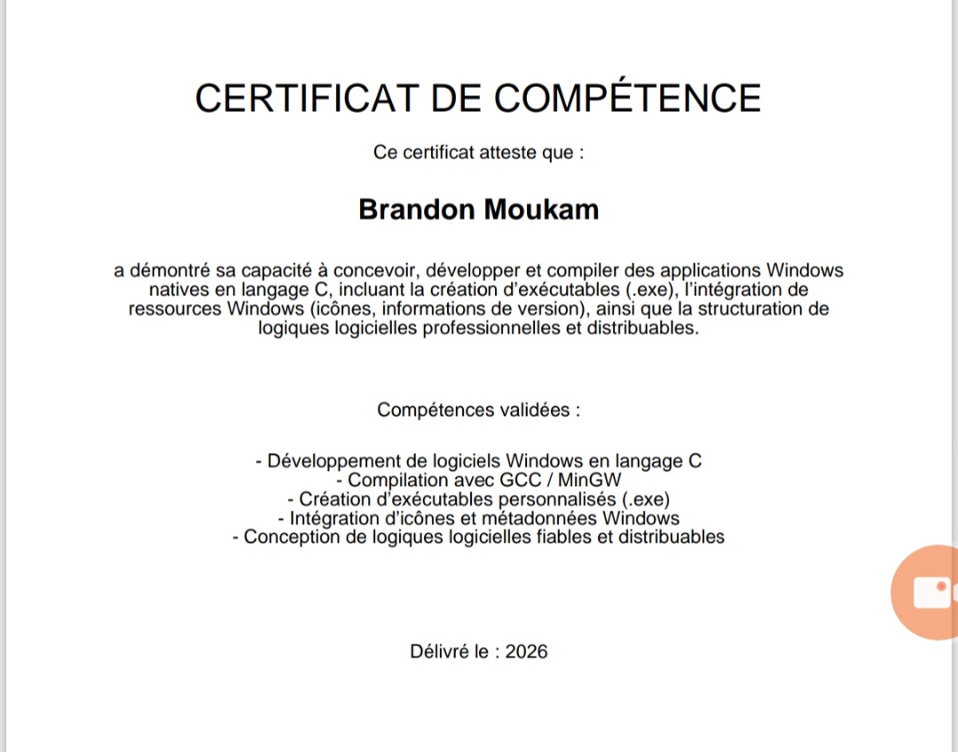 Certificat Langage C Brandon