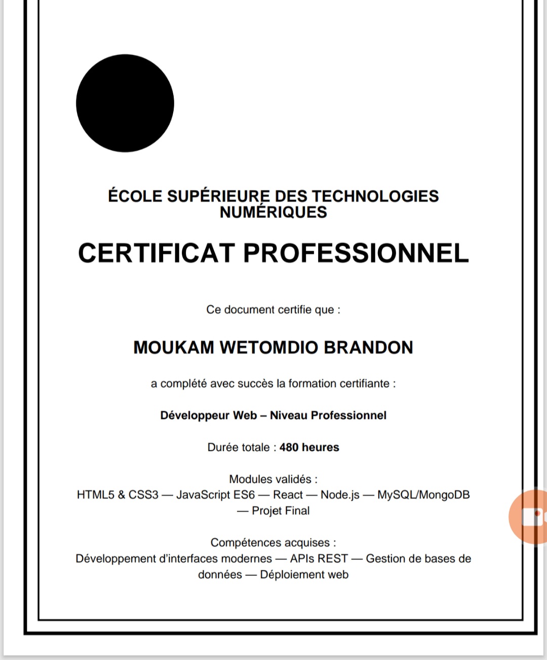 Certificat Développeur Web Brandon
